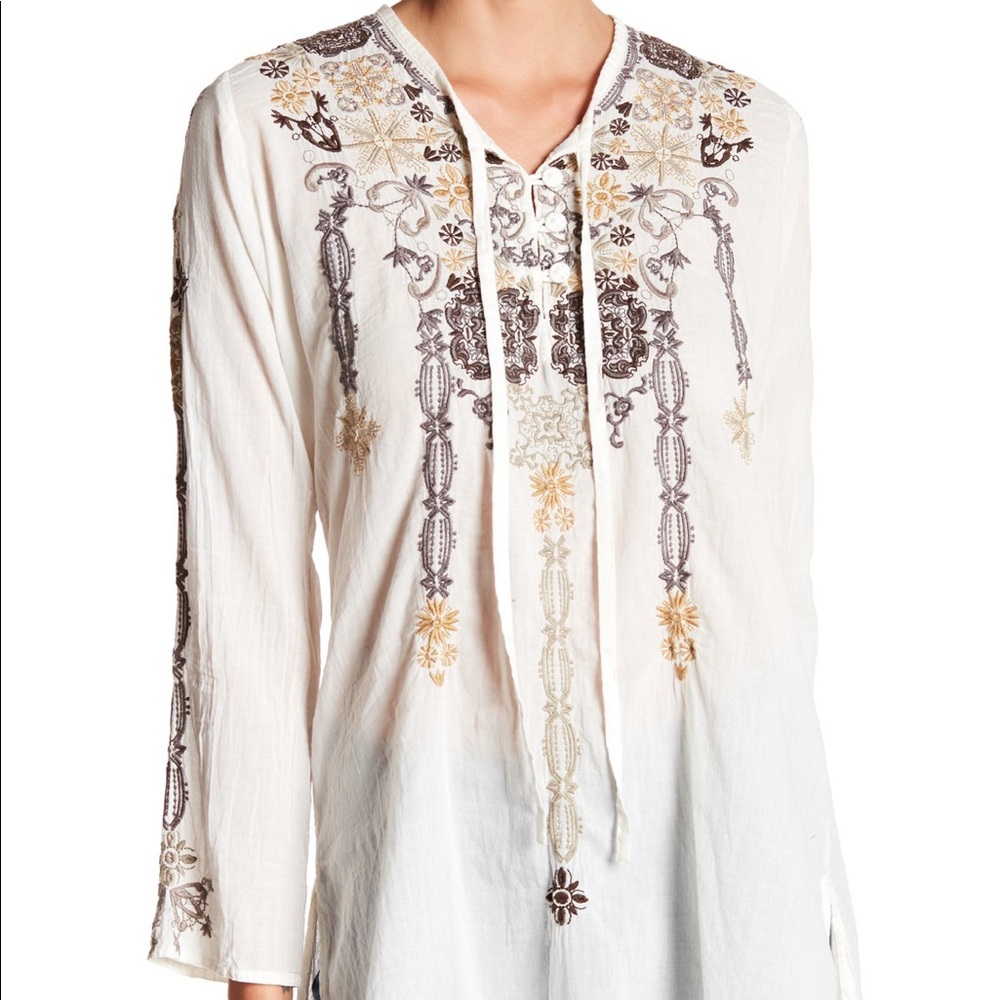 Johnny Was natural embroidered neck tie tunic top